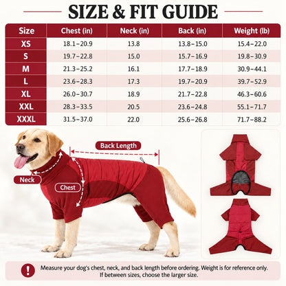 four-leg dog winter snowsuit size and measurement guide