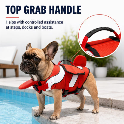 High-contrast red white and black dog life jacket