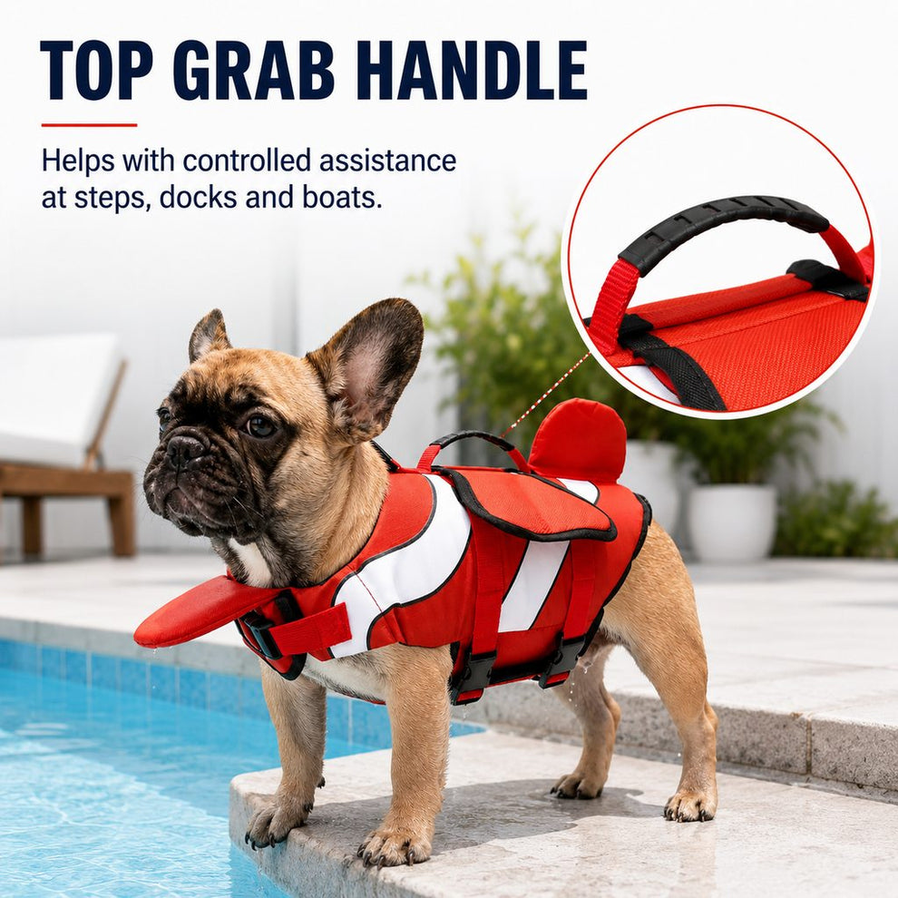 High-contrast red white and black dog life jacket