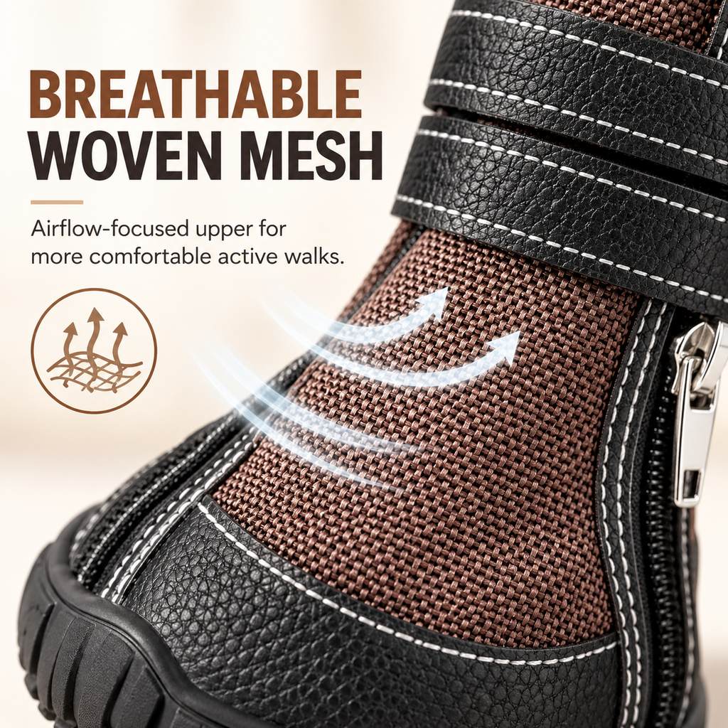 Breathable woven mesh upper on brown high-top dog boots