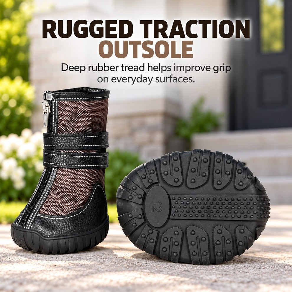 Deep tread rubber traction outsole on high-top dog boots