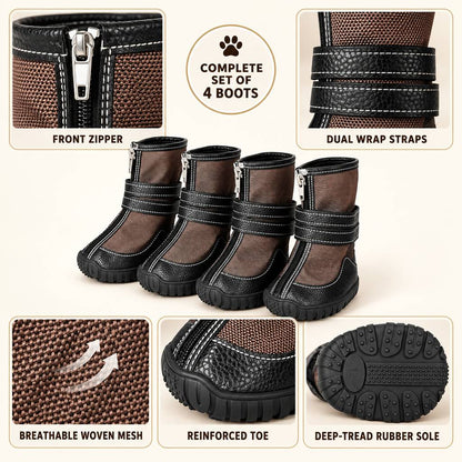 Complete set of four high-top dog boots with product details