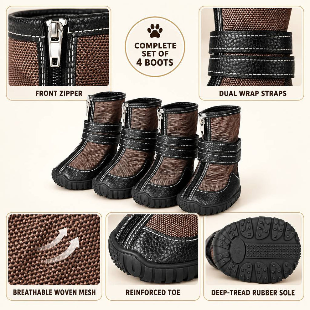 Complete set of four high-top dog boots with product details