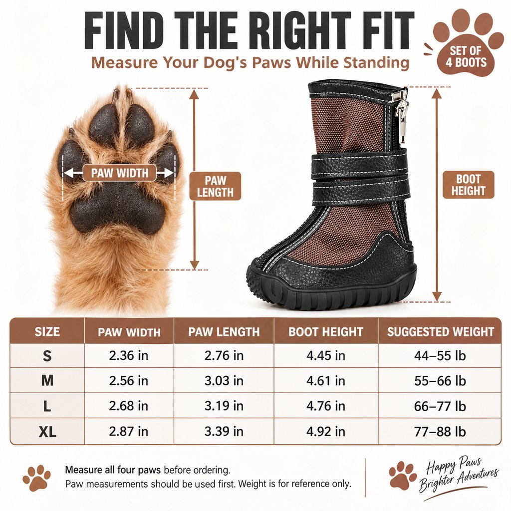 High-top dog boots S to XL paw width length and height size guide