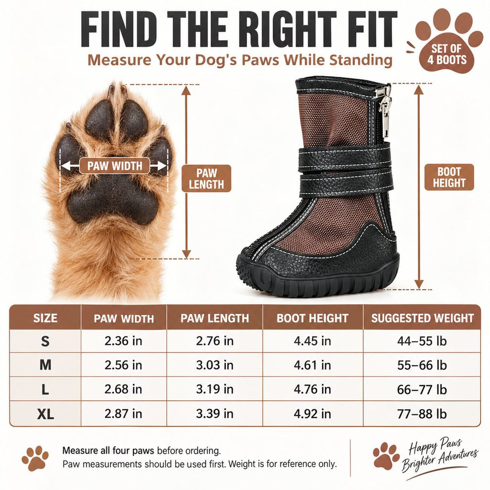 High-top dog boots S to XL paw width length and height size guide