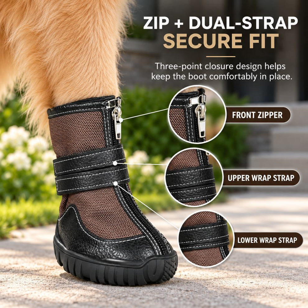 Front zipper and dual wrap straps on high-top dog boots