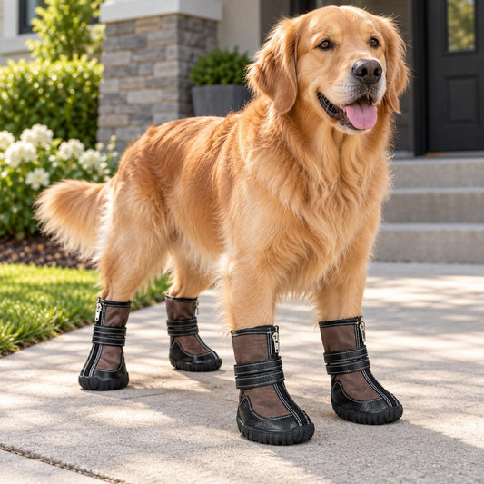 Brown high-top protective dog boots set of four on a large dog