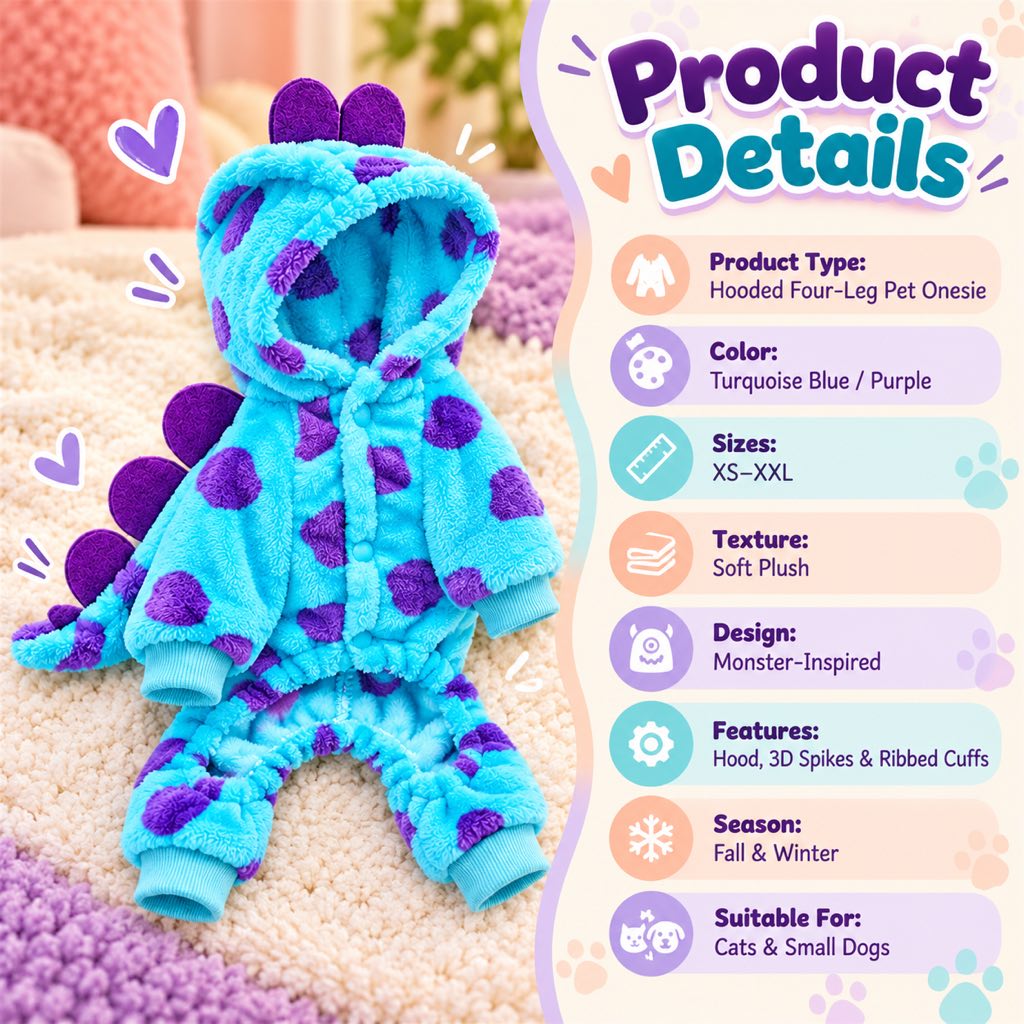 Product details for turquoise and purple hooded pet pajamas