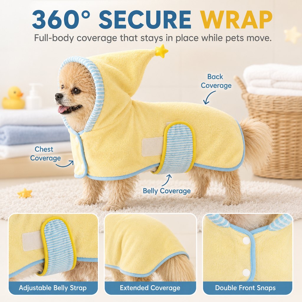 Paws in Awe Hooded Pet Drying Robe for Dogs & Cats - Fast Absorbent Wearable Towel for Bath, Rain & Swim to Keep Pets Dry, Warm & Home Clean image 2