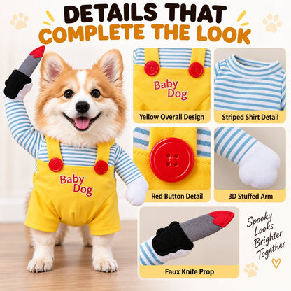 Yellow horror doll dog costume buttons arms and faux knife details