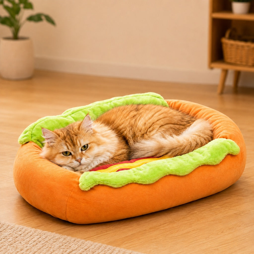 Paws in Awe Hot Dog Pet Bed for Cats & Small Dogs - Plush Bolster Bed with Removable Cushion for Cozy Indoor Naps image 1