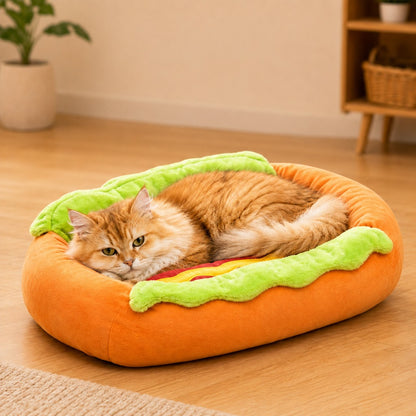 Paws in Awe Hot Dog Pet Bed for Cats & Small Dogs - Plush Bolster Bed with Removable Cushion for Cozy Indoor Naps image 1