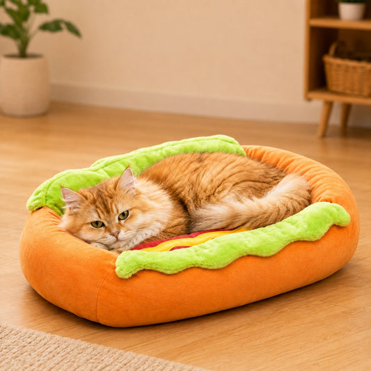 Paws in Awe Hot Dog Pet Bed for Cats & Small Dogs - Plush Bolster Bed with Removable Cushion for Cozy Indoor Naps image 1