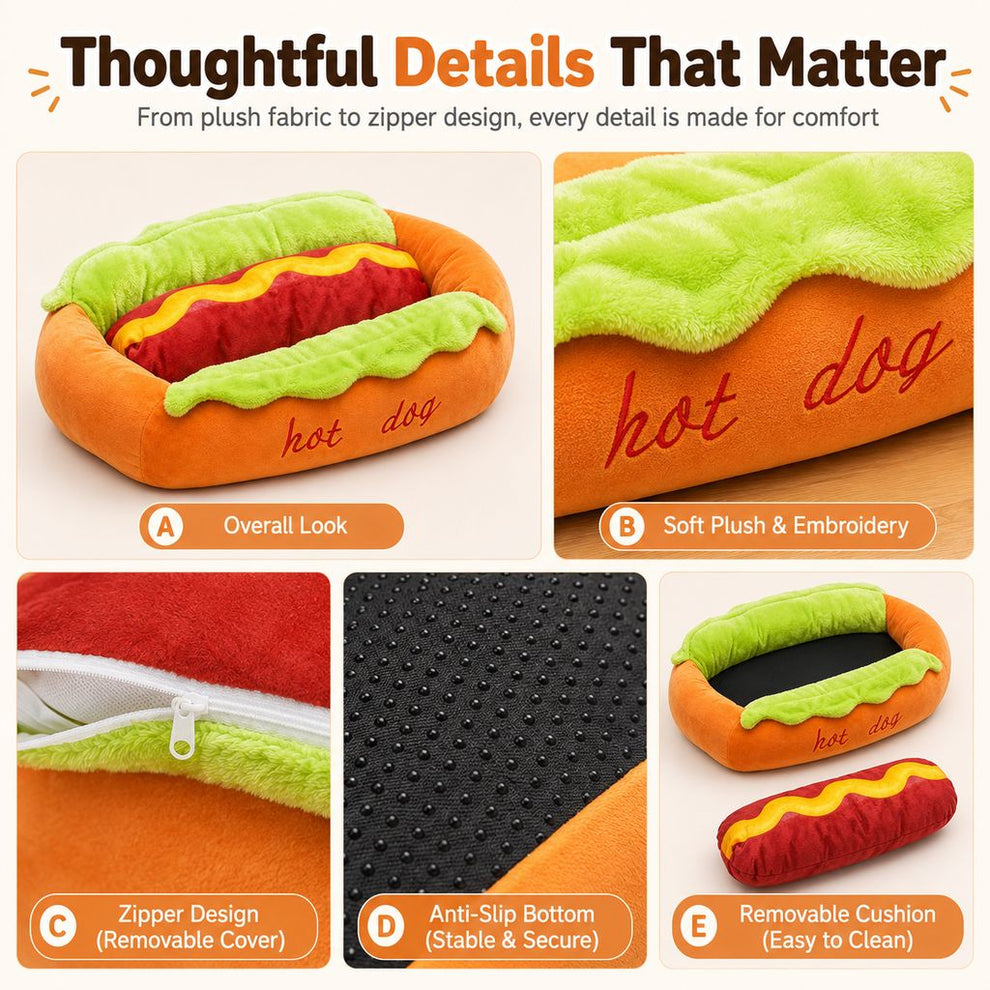 Paws in Awe Hot Dog Pet Bed for Cats & Small Dogs - Plush Bolster Bed with Removable Cushion for Cozy Indoor Naps image 7
