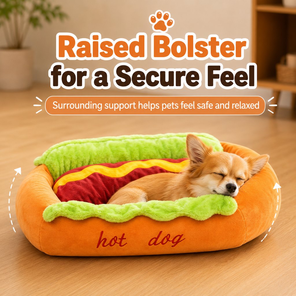 Paws in Awe Hot Dog Pet Bed for Cats & Small Dogs - Plush Bolster Bed with Removable Cushion for Cozy Indoor Naps image 3