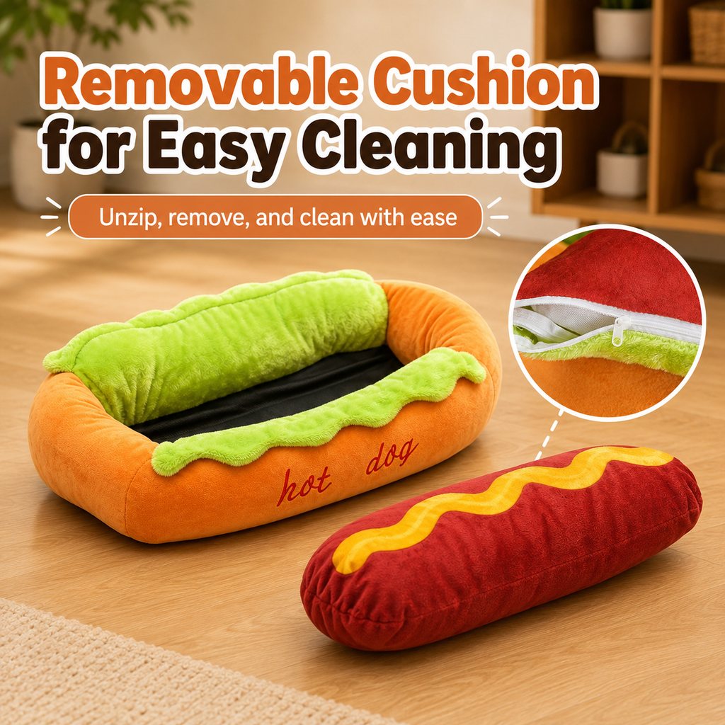 Paws in Awe Hot Dog Pet Bed for Cats & Small Dogs - Plush Bolster Bed with Removable Cushion for Cozy Indoor Naps image 4