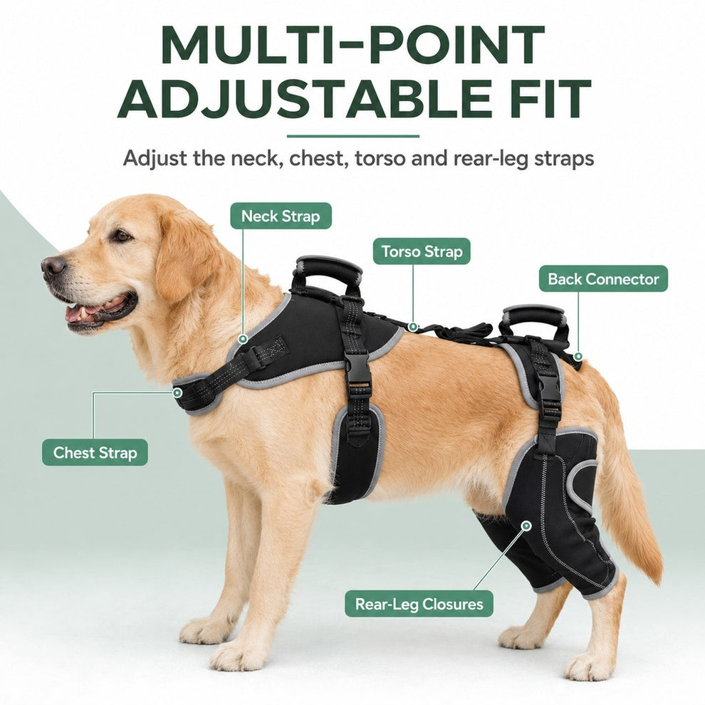Individual hind leg support sleeves on dog lift harness