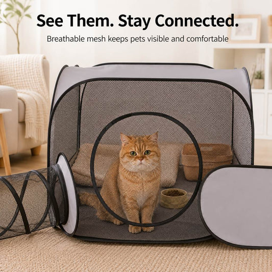 Paws in Awe Indoor Cat Playpen with Tunnel & Resting Tent for Safe Home Play - 3-Zone Enclosure for Cats & Kittens image 2