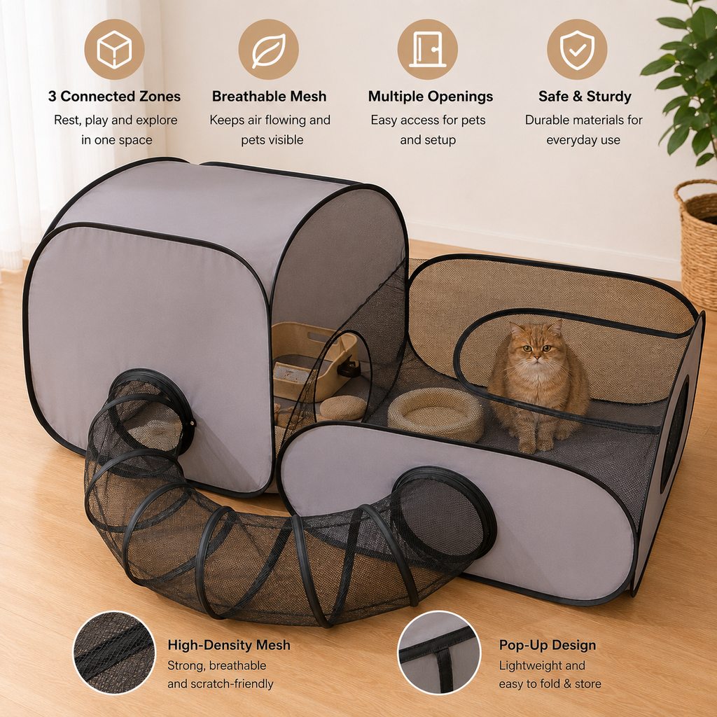 Paws in Awe Indoor Cat Playpen with Tunnel & Resting Tent for Safe Home Play - 3-Zone Enclosure for Cats & Kittens image 3