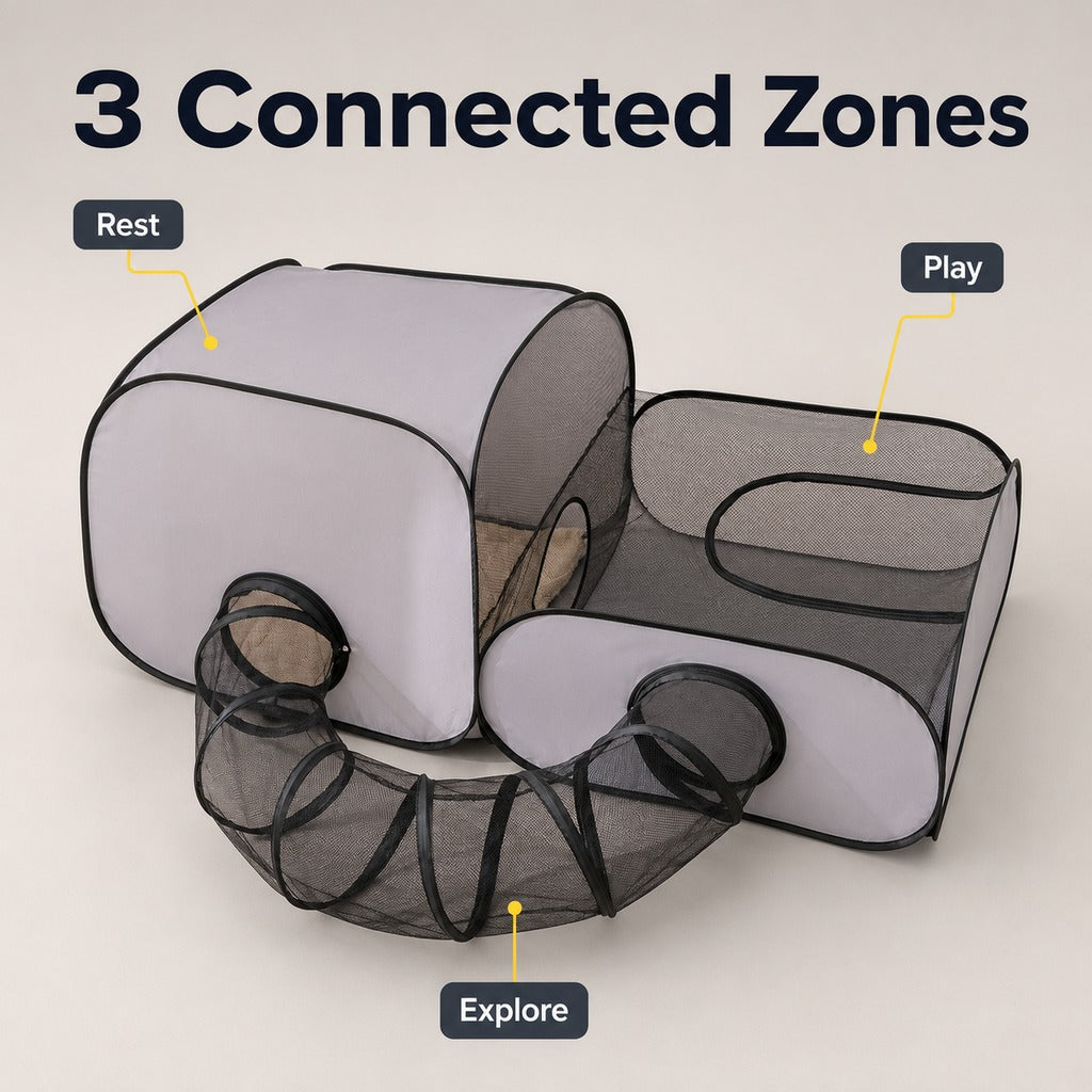 Paws in Awe Indoor Cat Playpen with Tunnel & Resting Tent for Safe Home Play - 3-Zone Enclosure for Cats & Kittens image 4