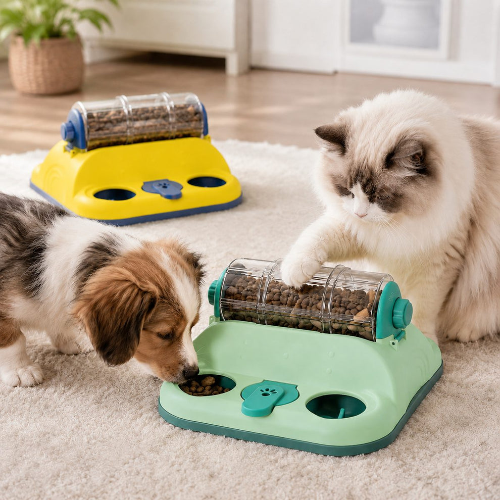 Indoor rotating puzzle feeder for cats, puppies, and small dogs in mint green and yellow purple.