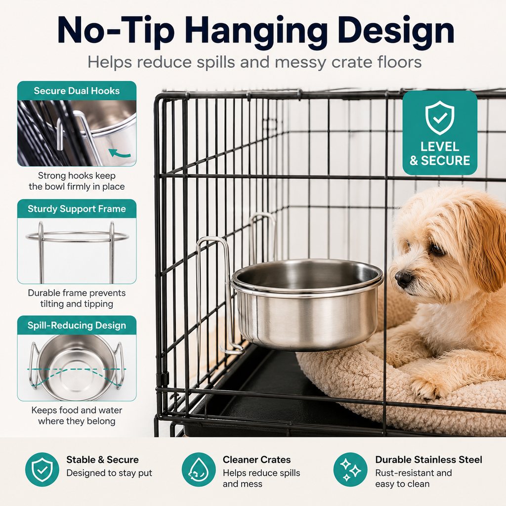 Paws in Awe Inside-Crate Stainless Steel Hanging Pet Bowl for Dogs & Cats - No-Tip Food & Water Bowl for Kennels image 3