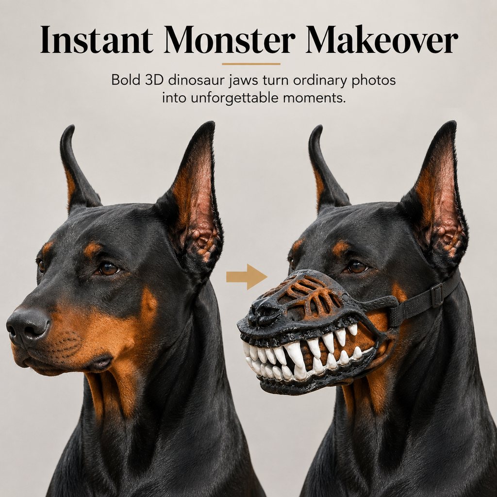Instant monster makeover dinosaur dog costume muzzle before and after