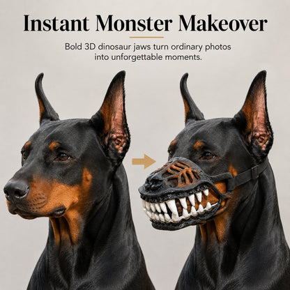 Instant monster makeover dinosaur dog costume muzzle before and after