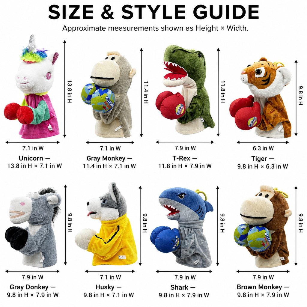Interactive boxing pet puppet size and style guide