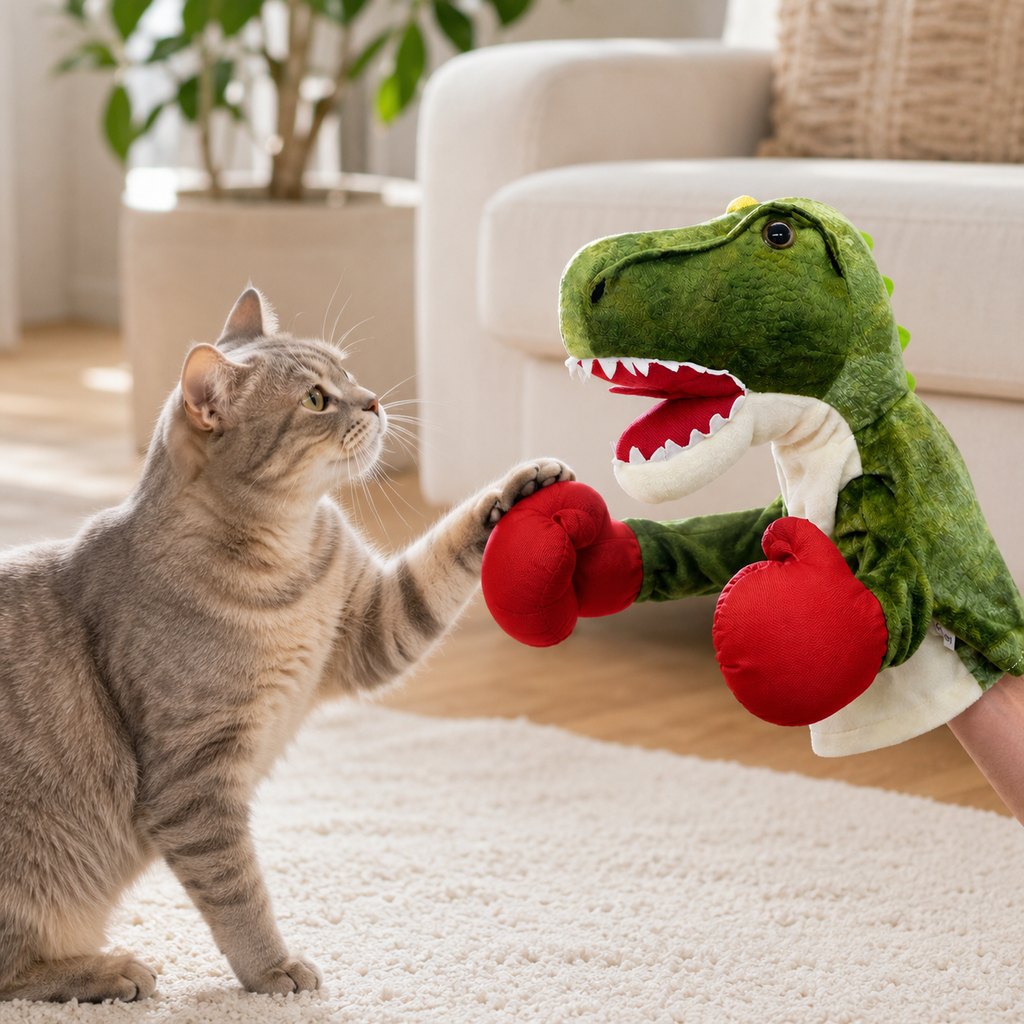 T-Rex interactive boxing pet puppet with cat indoors