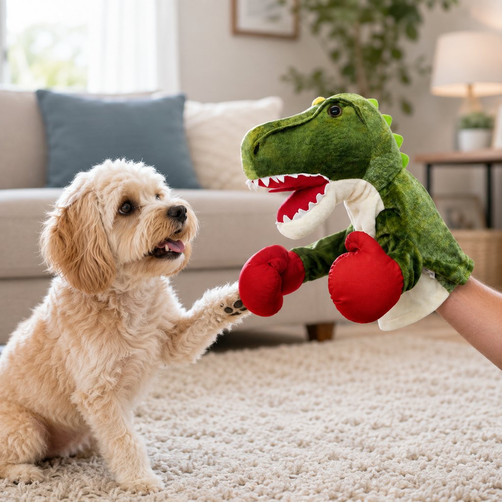 T-Rex interactive boxing pet puppet with dog indoors