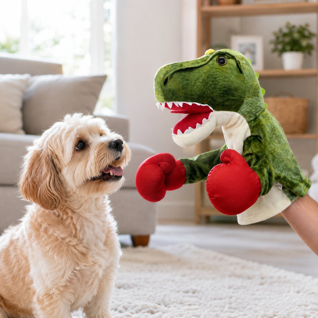 Interactive boxing pet puppet playing with a dog indoors