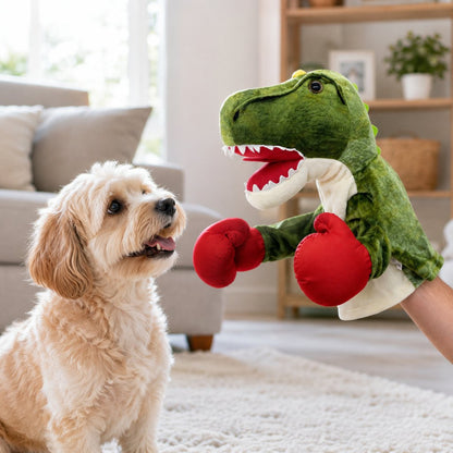 Interactive boxing pet puppet playing with a dog indoors