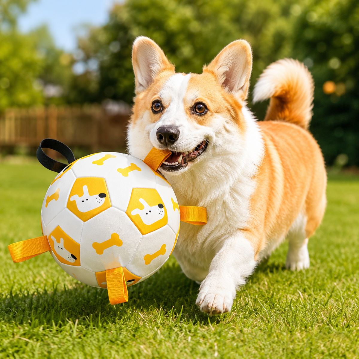 Interactive dog soccer ball with grab tabs in white dog print pattern for backyard play.