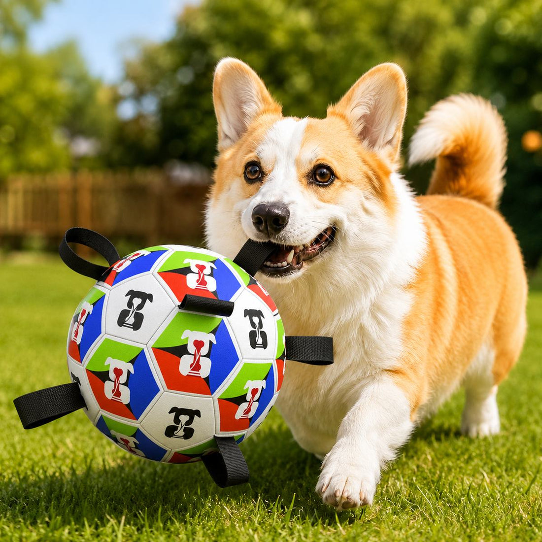 Interactive dog soccer ball with grab tabs in multicolor World Cup print.