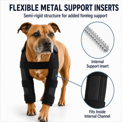 Internal metal support inserts in dog front leg brace