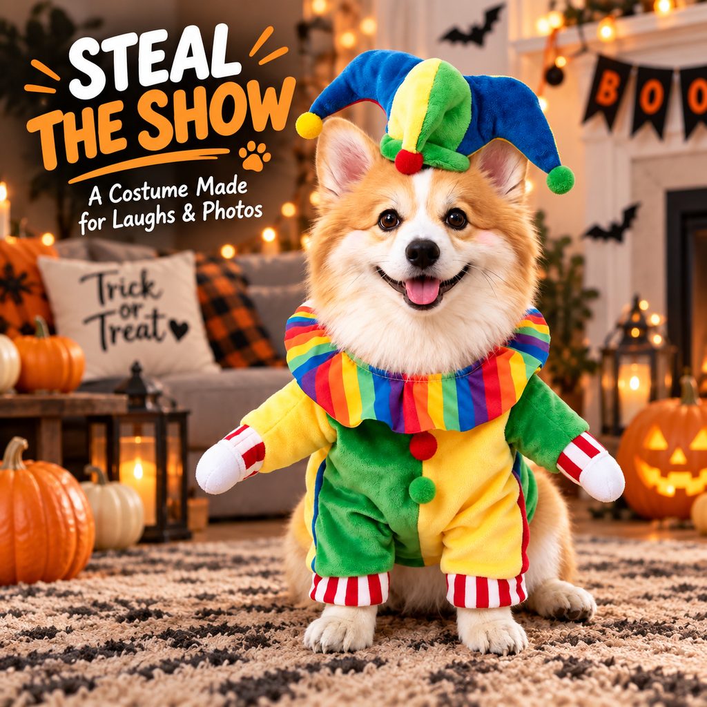Colorful jester clown dog costume with hat and decorative fake arms