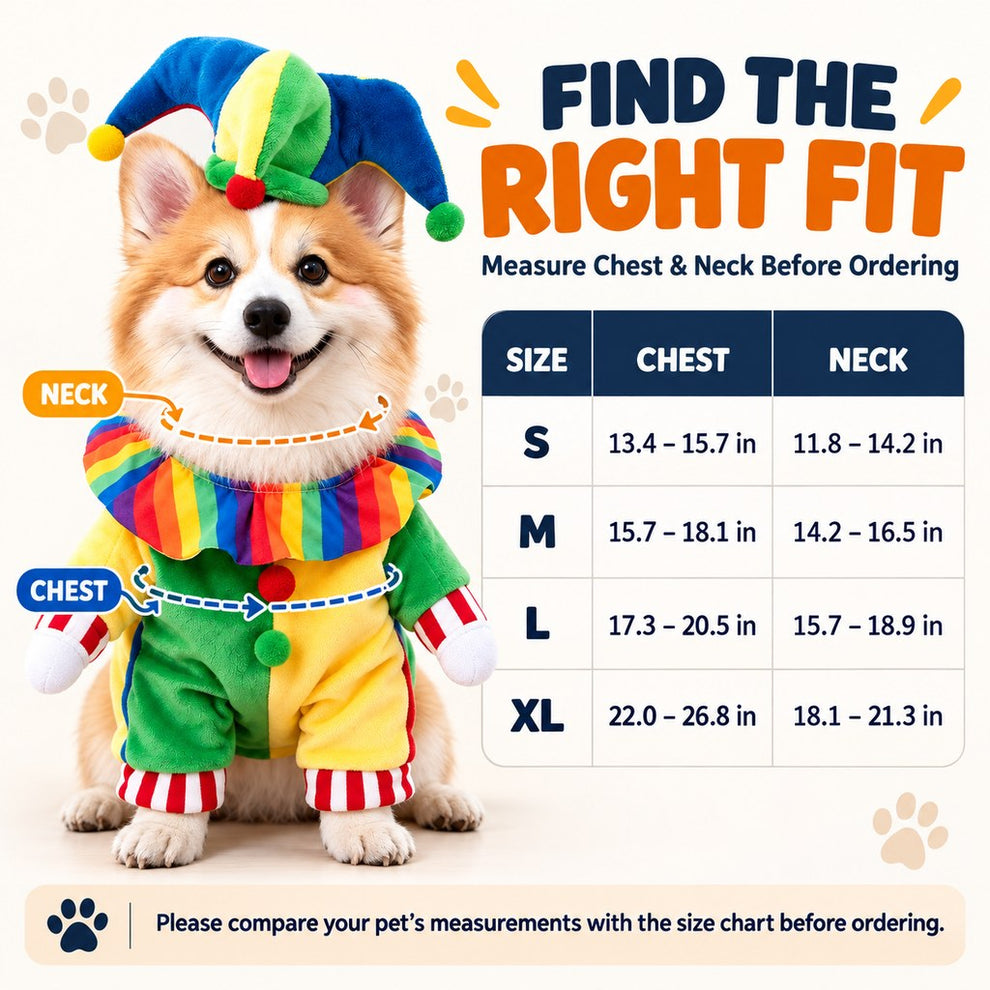 Halloween jester clown dog costume size guide S to XL