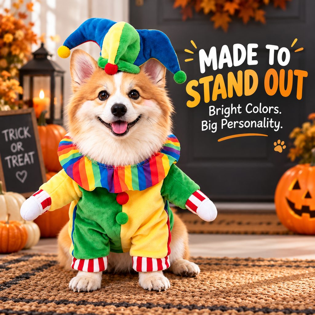 Jester dog costume for trick or treat parties and seasonal dress-up