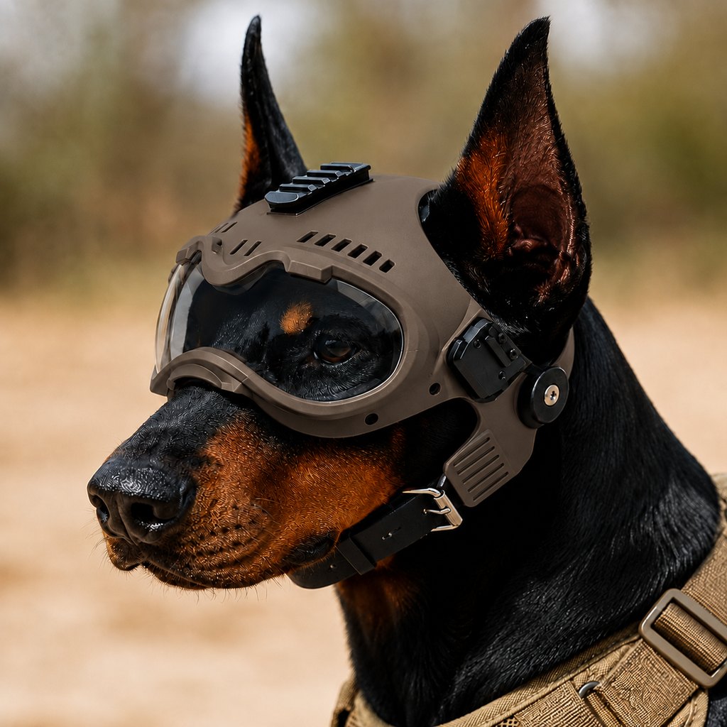 K9 tactical-style dog helmet with goggles for outdoor training