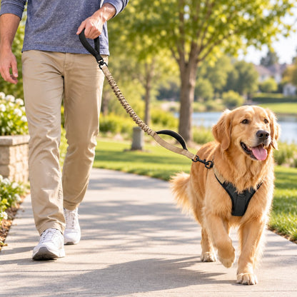 Khaki dual handle shock-absorbing bungee dog leash