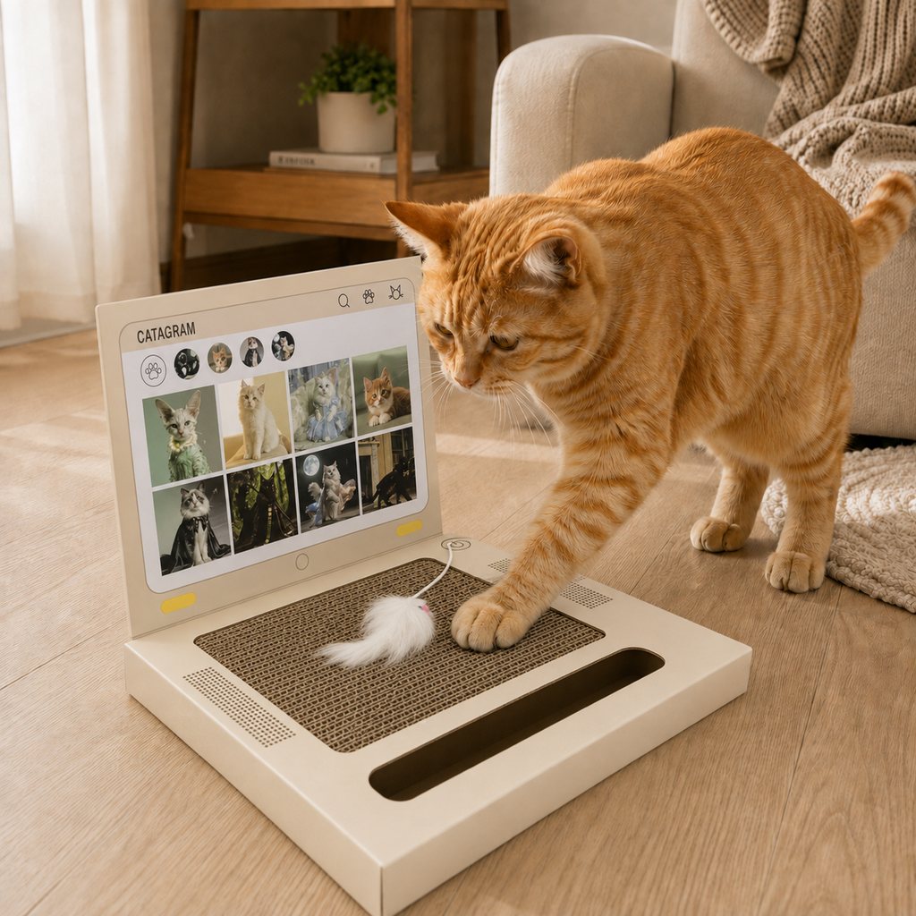 Laptop cat scratcher for indoor cats with mouse and bell ball