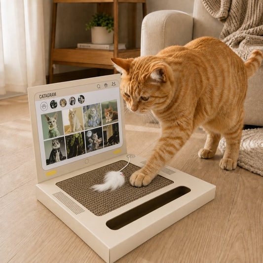 Laptop cat scratcher for indoor cats with mouse and bell ball