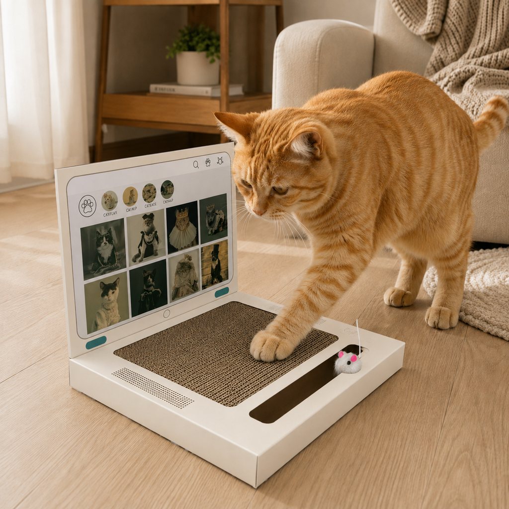 3-in-1 cardboard cat scratcher shaped like a laptop