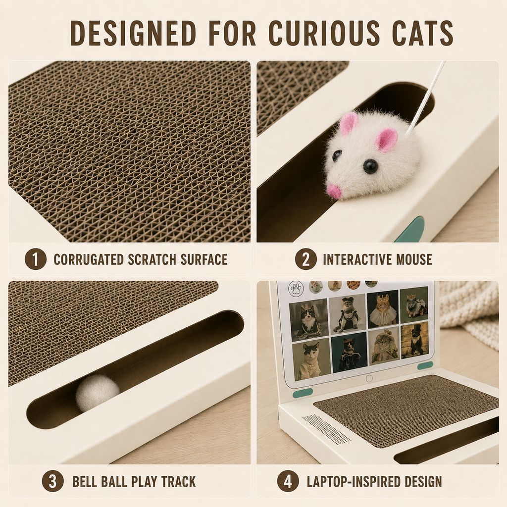 Laptop-shaped cardboard cat scratch pad size detail