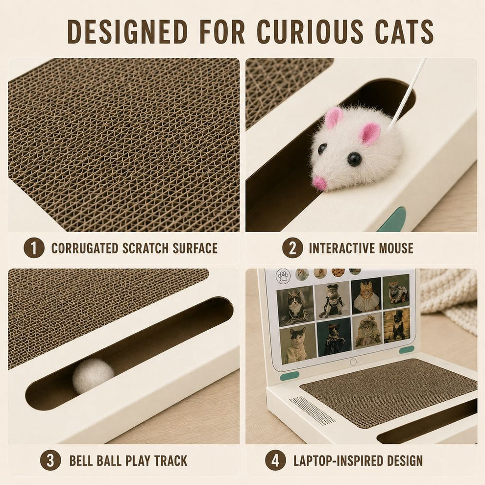 Laptop-shaped cardboard cat scratch pad size detail