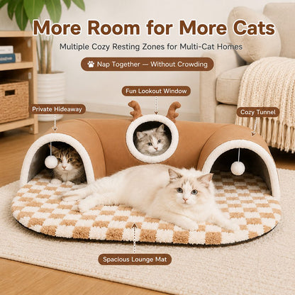 Paws in Awe 3-in-1 Multi-Cat Tunnel Bed & Play Mat for Indoor Cats - Spacious Cozy Hideaway for Shared Rest, Play & Less Bed Competition image 2
