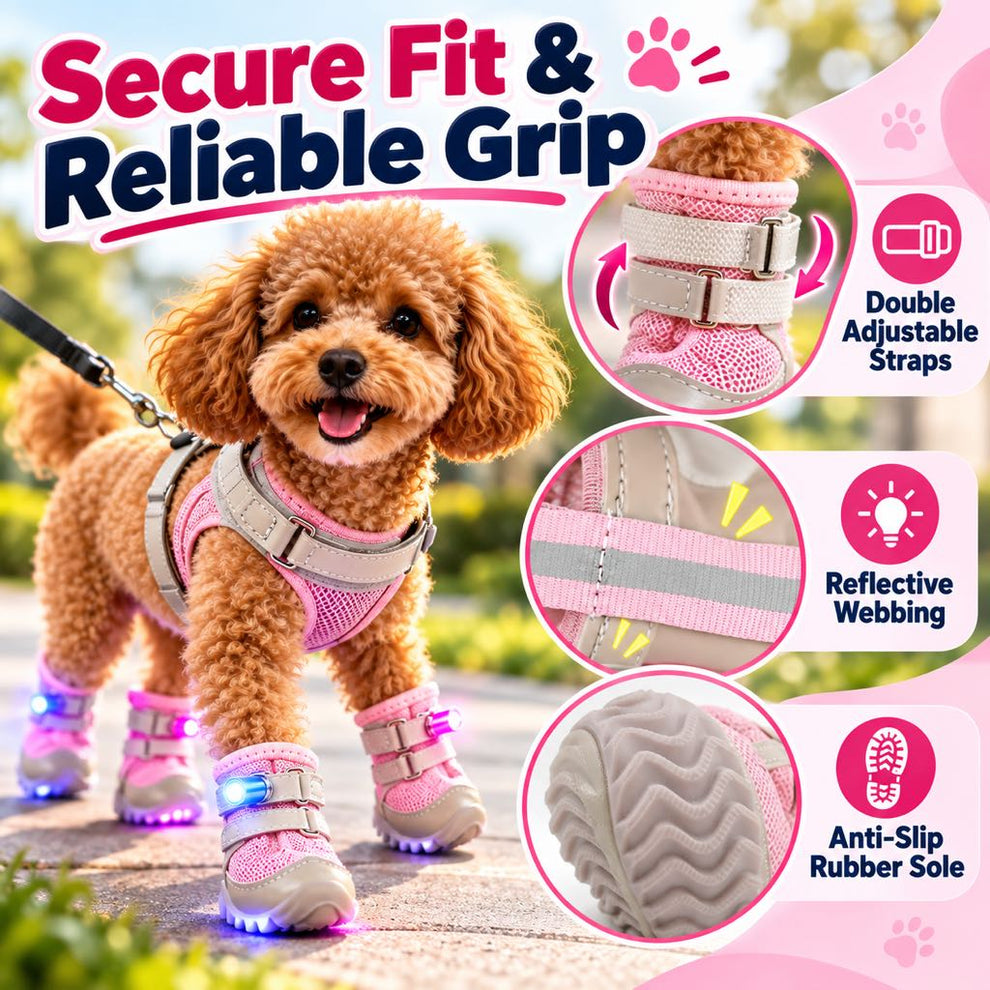 Double adjustable straps and anti-slip rubber sole on LED dog boots
