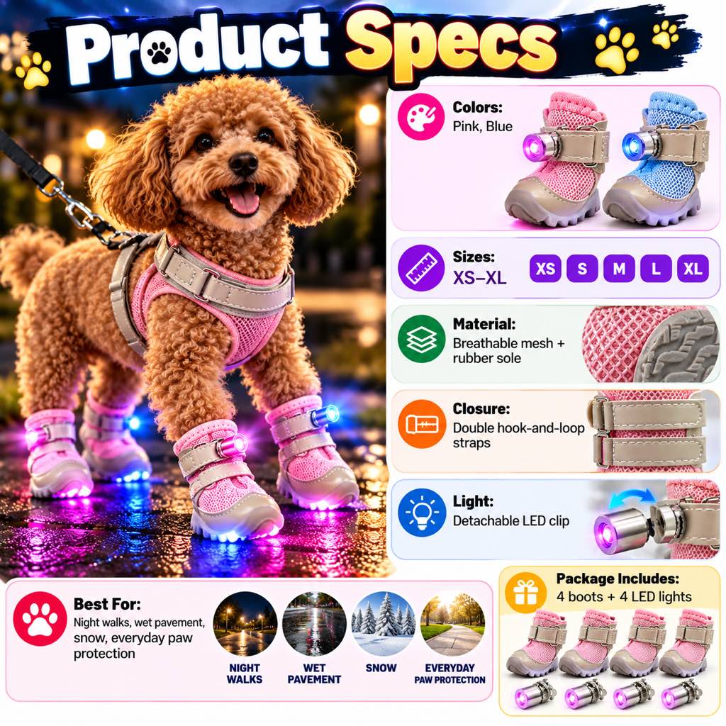 Blue LED light-up dog boots shown in the product specification