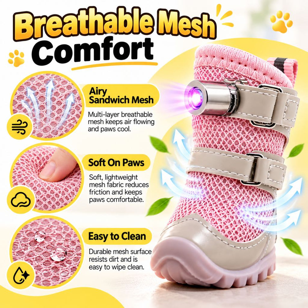 Breathable mesh upper on a pink LED dog boot